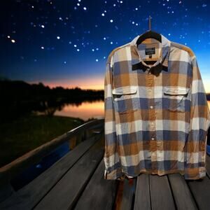 Lucky Brand, Men's Saturday Stretch Plaid Shirt, size XL, ivory,brown, blue gray